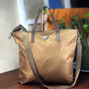 AUTHENTIC Tessuto Nylon Saffiano Shopping Tote. Tan.